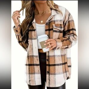 Plaid Shacket Button Down Long Sleeve Shirt Apricot medium new